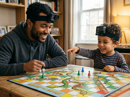 A father and child wearing head-mounted wearable cameras while playing a board game together, as part of CHAMP's parent-child interaction research
